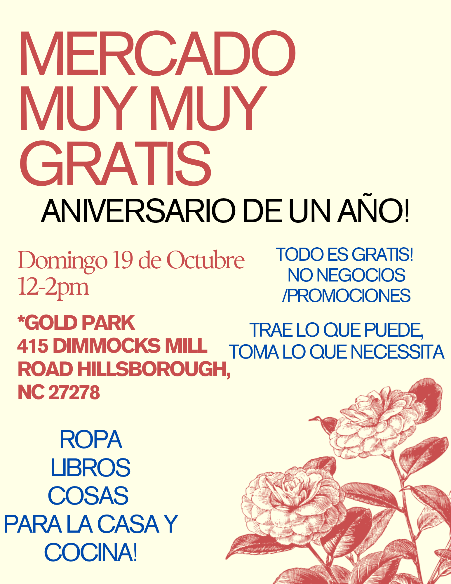 Flyer, in Spanish, announcing 1 year anniversary Really Really Free Market in Gold Park