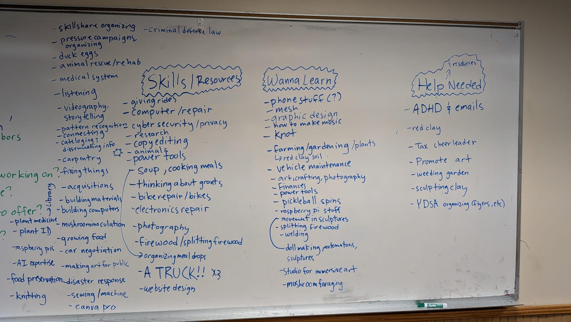 List of skills and needs shared at a Community Dinner